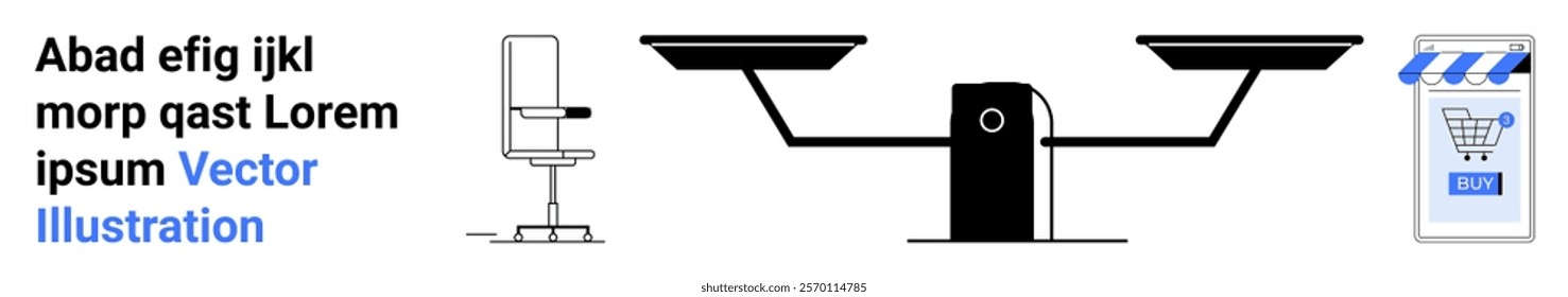 Black and white balanced scales representing equality and justice. Shopping cart on the right side symbolizes e-commerce. Ideal for legal, online shopping, balance, justice, and commercial themes