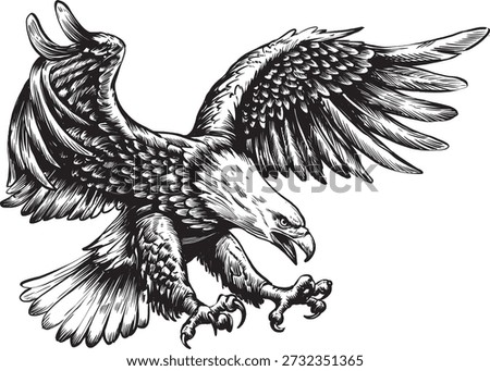 Black and White Bald Eagle Landing Illustration in Vintage Engraving Style