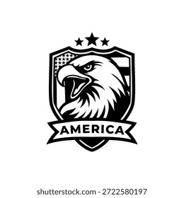Escudo de Águia Preto e Branco Emblema com Estrelas, Padrão de Bandeira Americana e Vetor de Texto América