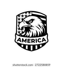 Schwarz-Weiß Bald Eagle Schild Emblem mit amerikanischem Flaggenmuster und Amerika Text Vektor