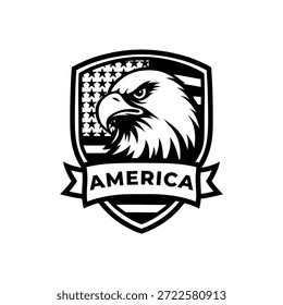 Schwarz-Weiß Bald Eagle Schild Emblem mit amerikanischem Flaggenmuster und Amerika Text Vektor