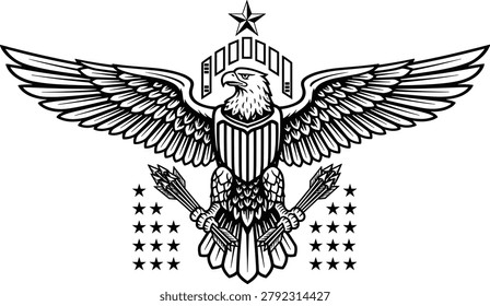 Black and white bald eagle vector illustration, american patriotic emblem, heraldic crest logo design holding arrows, isolated national pride symbolBlack and white bald eagle vector illustration, american patriotic emblem, heraldic crest logo design holding arrows, isolated national pride symbol