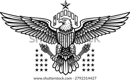 Black and white bald eagle vector illustration, american patriotic emblem, heraldic crest logo design holding arrows, isolated national pride symbolBlack and white bald eagle vector illustration, american patriotic emblem, heraldic crest logo design holding arrows, isolated national pride symbol