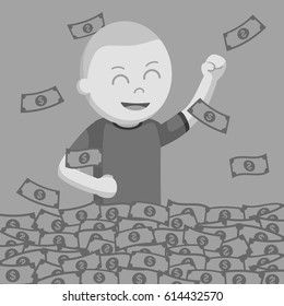 black and white bald man bath in money black and white style