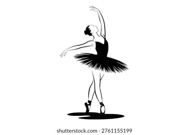 Black and white of ballerina in tutu balancing on one leg with arms raised ballet dance