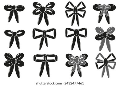 Schwarz-Weiß Ballon Present Bow mit Band-Set. Air Ballon Geschenk Bow isoliert weißen Hintergrund. Kollektion Geburtstagsband im trendigen Retro-Flat-Stil. Vektor-Illustration EPS 10 Editierbarer Strich.