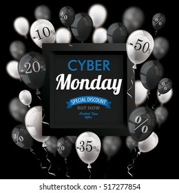 Black and white balloons with percents and frame for cyber monday on the dark background. Eps 10 vector file.