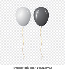 Black and White Balloons. Realistic Helium Balloons Isolated on Transparent Background.