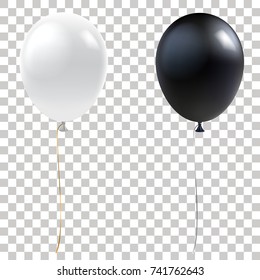 Black and White Balloons. Realistic Helium Balloons Isolated on Transparent Background. Holiday Decoration Element for Events and Promotions. Vector eps 10.