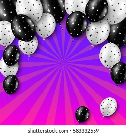 Black and white balloons with stars on purple background with place fot text. Vector illustration