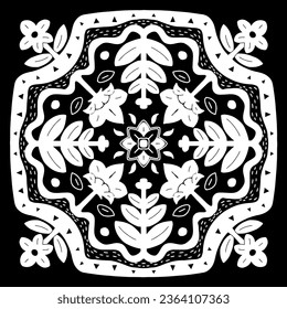 
Black and white bandana hand drawn botanical motif