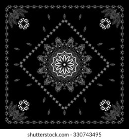 Black and white bandana print  with abstract  flower and leaf ornament.  Design for silk neck scarf, kerchief, hanky.  Kerchief square pattern design.