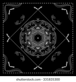 Black and white bandana print  with abstract ornament. Design for silk neck scarf, kerchief, hanky.  Square pattern design for pillow, carpet, rug