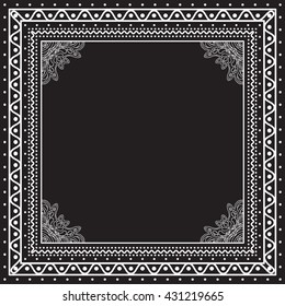 Black and white Bandana print design with borders for fashion textile. Silk headwear