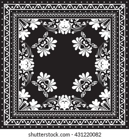 Black and white Bandana print design with borders for fashion textile. Silk headwear