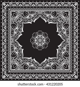 Black and white Bandana print design with borders for fashion textile. Silk headwear