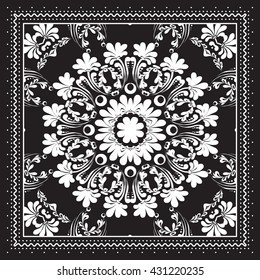 Black and white Bandana print design with borders for fashion textile. Silk headwear