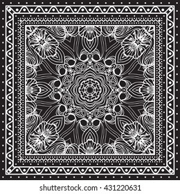 Black and white Bandana print design with borders for fashion textile. Silk headwear