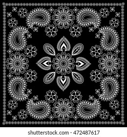 Black and White Bandana Print With Element Henna Style. Vector illustration