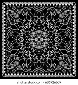 Black and white Bandana Print with mandala pattern, silk neck scarf square. Design for print on fabric, pillow, carpet . Vector illustration.