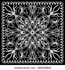 Black and white Bandana Print with mandala pattern, silk neck scarf square. Design for print on fabric, pillow, carpet . Vector illustration.