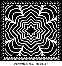 Black and white Bandana Print with mandala pattern, silk neck scarf square. Design for print on fabric, pillow, carpet . Vector illustration.