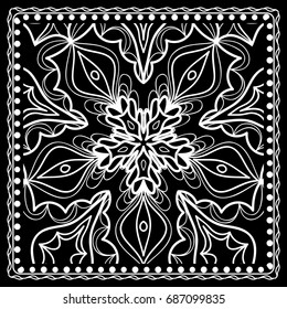 Black and white Bandana Print with mandala pattern, silk neck scarf square. Design for print on fabric, pillow, carpet . Vector illustration.