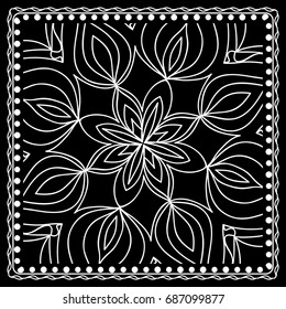 Black and white Bandana Print with mandala pattern, silk neck scarf square. Design for print on fabric, pillow, carpet . Vector illustration.