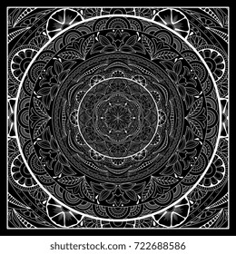 Black and white bandana print with mandala ornament.   Kerchief square pattern design. Design for silk neck scarf, hanky