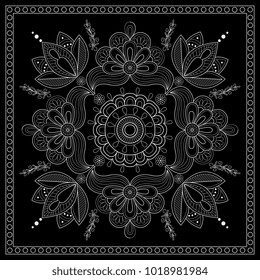 Black and white bandana print with paisley. Square pattern design for pillow, carpet, rug. Design for silk neck scarf, kerchief, hanky
