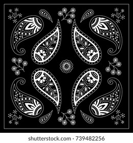 Black and white bandana print with paisley. Square pattern design for pillow, carpet, rug. Design for silk neck scarf, kerchief, hanky