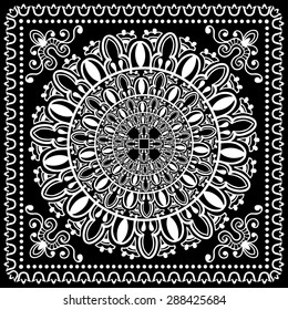 Black and White Bandana Print, silk neck scarf or kerchief square pattern design style for print on fabric, abstract ornament vector illustration