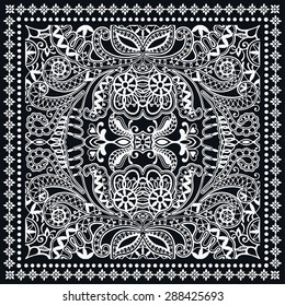 Black and White Bandana Print, silk neck scarf or kerchief square pattern design style for print on fabric, abstract ornament vector illustration