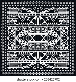 Black and White Bandana Print, silk neck scarf or kerchief square pattern design style for print on fabric, abstract ornament vector illustration