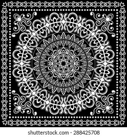 Black and White Bandana Print, silk neck scarf or kerchief square pattern design style for print on fabric, abstract ornament vector illustration