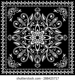 Black and White Bandana Print, silk neck scarf or kerchief square pattern design style for print on fabric, abstract ornament vector illustration