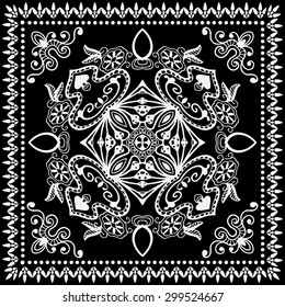 Black and White Bandana Print, silk neck scarf or kerchief square pattern design style for print on fabric, abstract ornament vector illustration