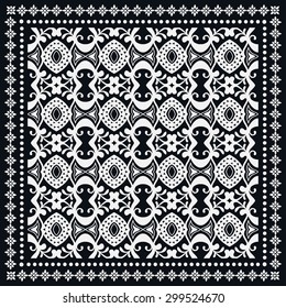 Black and White Bandana Print, silk neck scarf or kerchief square pattern design style for print on fabric, abstract ornament vector illustration