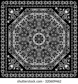 Black and White Bandana Print, silk neck scarf or kerchief square pattern design style for print on fabric, abstract Mandala round lace ornament vector illustration