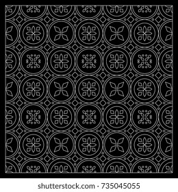 Black and White bandana print with tiling pattern maroccan style.Square pattern design for pillow, carpet, rug. Design for silk neck scarf, kerchief, hanky