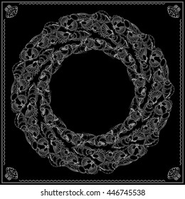 Black and white bandana square pattern design for print on fabric. Kerchief or neck scarf style. Mandala vector illustration with  shells and waves.