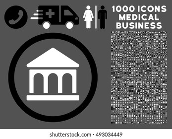 Black And White Bank Building vector bicolor rounded icon. Image style is a flat icon symbol inside a circle, gray background. Bonus clip art has 1000 medical business pictographs.