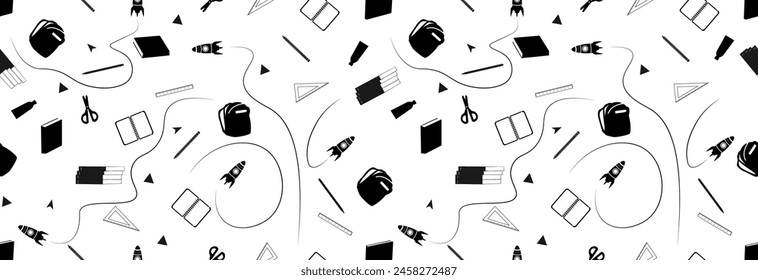 Black and white banner back to school, learning at school and at home. Seamless pattern.