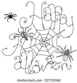  black and white banner with cobwebs, spiders, crows, pumpkins and other decorations on Halloween, could be use  for coloring book  in zentangle style. includes words Happy Halloween