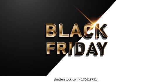 The black and white banner is divided diagonally. Black Friday caption with gold and black text. Design of the black Friday sale card template. Vector illustration.