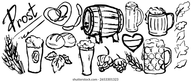 Banner preto e branco Oktober mão desenho doodle. Conjunto com copos de cerveja, barril, folhas, pretzel, salsicha, pão, ícones alemães. Vintage, estilo retrô. Vetor, isolado com tinta e textura de pincel.