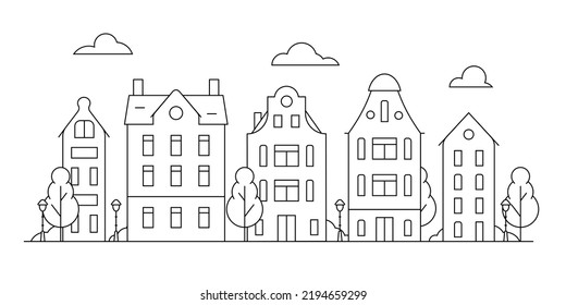 Black And White Banner Of Street In European Town. Coloring Page With Old Buildings. Vector Illustration In Outline Flat Style