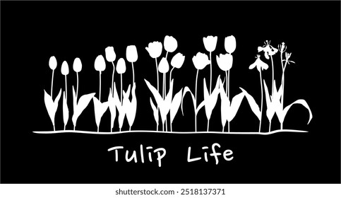 Black and white banner of tulip silhouettes in budding, flowering, wilting withering with the text Tulip Life