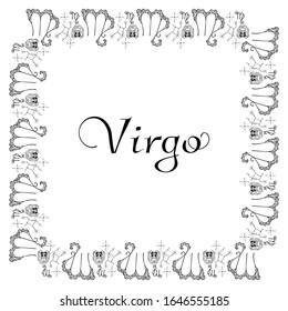 Black and white banner for the zodiac sign Virgo. A square frame of hand-drawn ornamental doodles of female heads, emblems, stars, constellations and an inscription in the center. Vector.