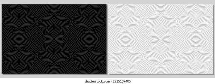 Black and white banners, cover design set, vector templates. Geometric volumetric convex 3D pattern. Tribal unique ornamental ethnos of the East, Asia, India, Mexico, Aztecs, Peru.